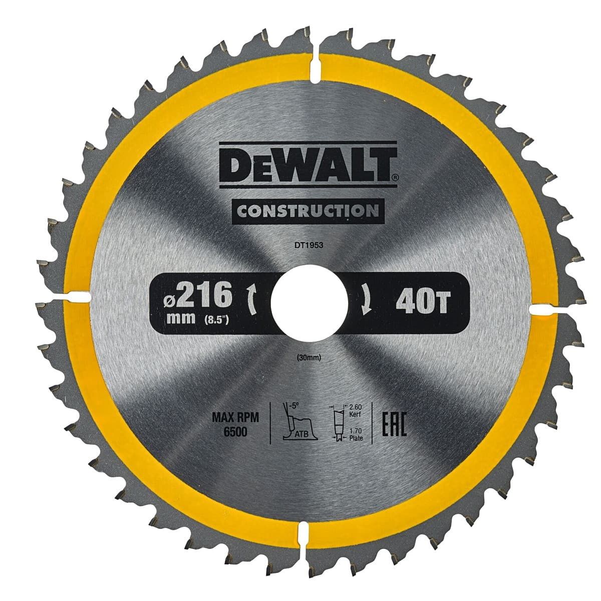 DeWALT DT1953 construction cirkelzaagblad 216 x 30 mm 40T