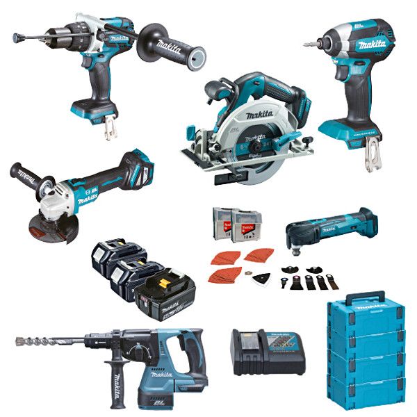 Makita 6-delige combiset + 3x 18V 5,0Ah accu en Mbox