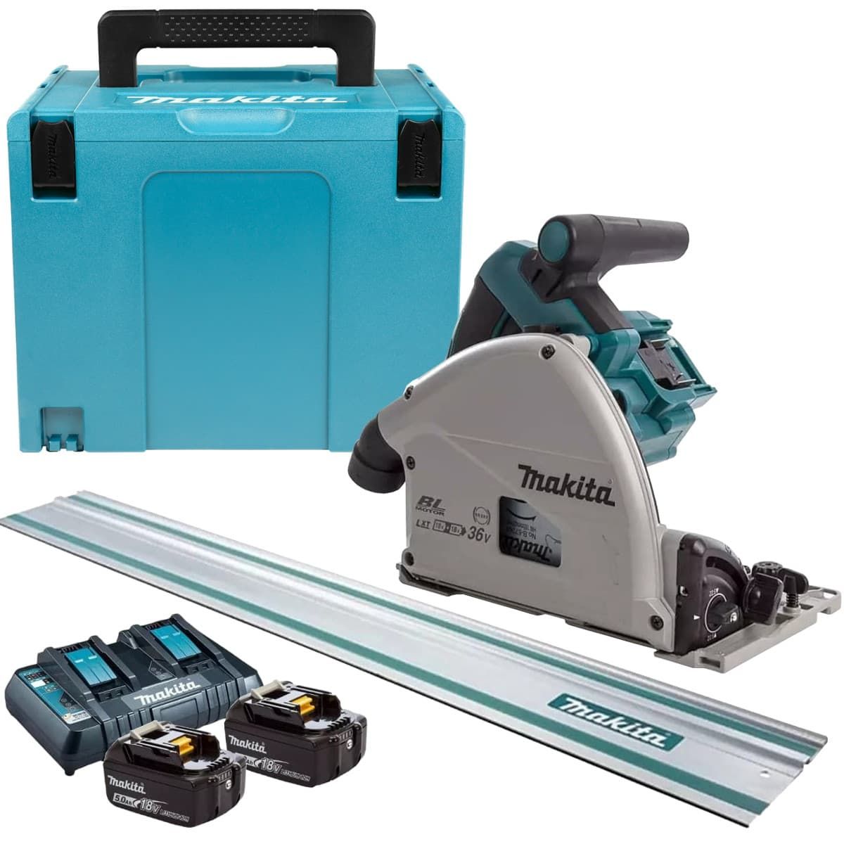 Makita DSP600PT2J1 accu invalzaag 165 mm 36V 5,0Ah + geleiderail en Mbox